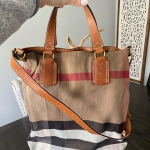 Burberry Tan Canvas Crossbody Tote with Red and Black Stripes